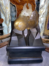Natural Smoky Citrine Quartz Crystal Cluster Eagle Carving on Custom Angular Light Base on Wheels with 2 Tone Patina