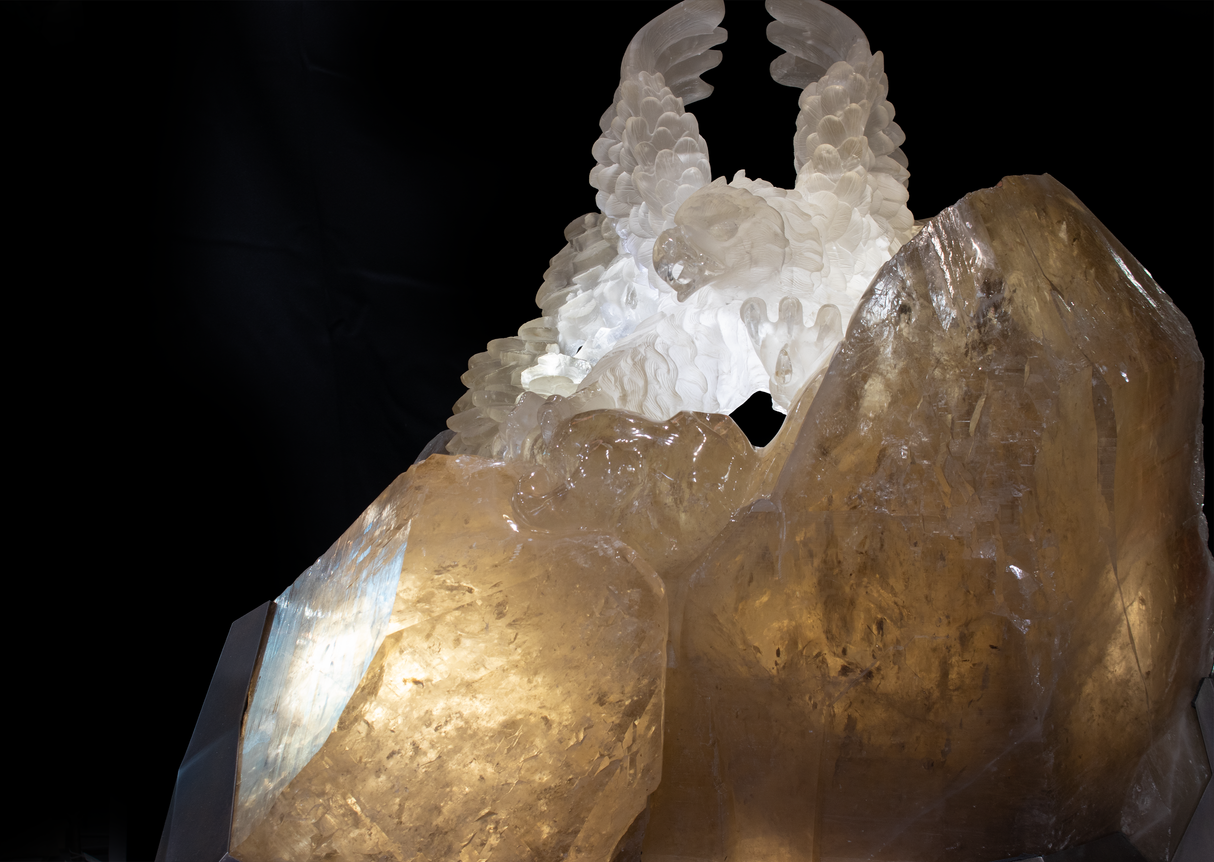View of Natural Smoky Citrine Quartz Crystal Cluster Eagle Carving on Custom Angular Light Base on Wheels with 2 Tone Patina