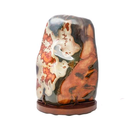 View of Polychrome Jasper Freeform Polished with Vivid Colors on Custom Rotating Base