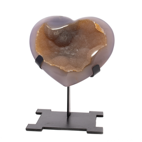 View of Druze Heart On Custom Aztec Post Stand With Dusty Orange Druze & Purple Agate