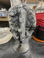 View of Amethyst Druze Geode On Fitted Stand With Polished Agate Stalactite Ridge And Eyes