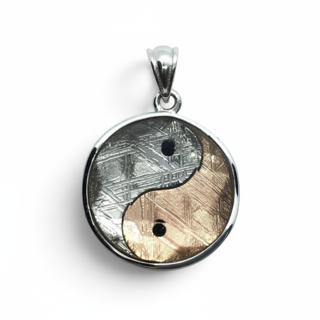 Pendentif Météorite Muonionalusta - Yin Yang Rond Double Face avec Vermeil Cuivre Sertie dans une Lunette en Argent Sterling 925