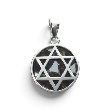 Rare Earth Gallery round Sericho pallasite meteorite pendant with a sterling silver Star of David bezel setting.