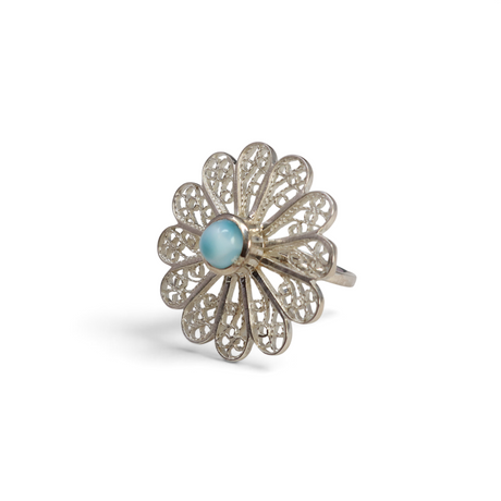 View of Larimar Flower Ring - Round Cabochon With Simple Silver Bezel & Dainty Filigree Flower Sz6