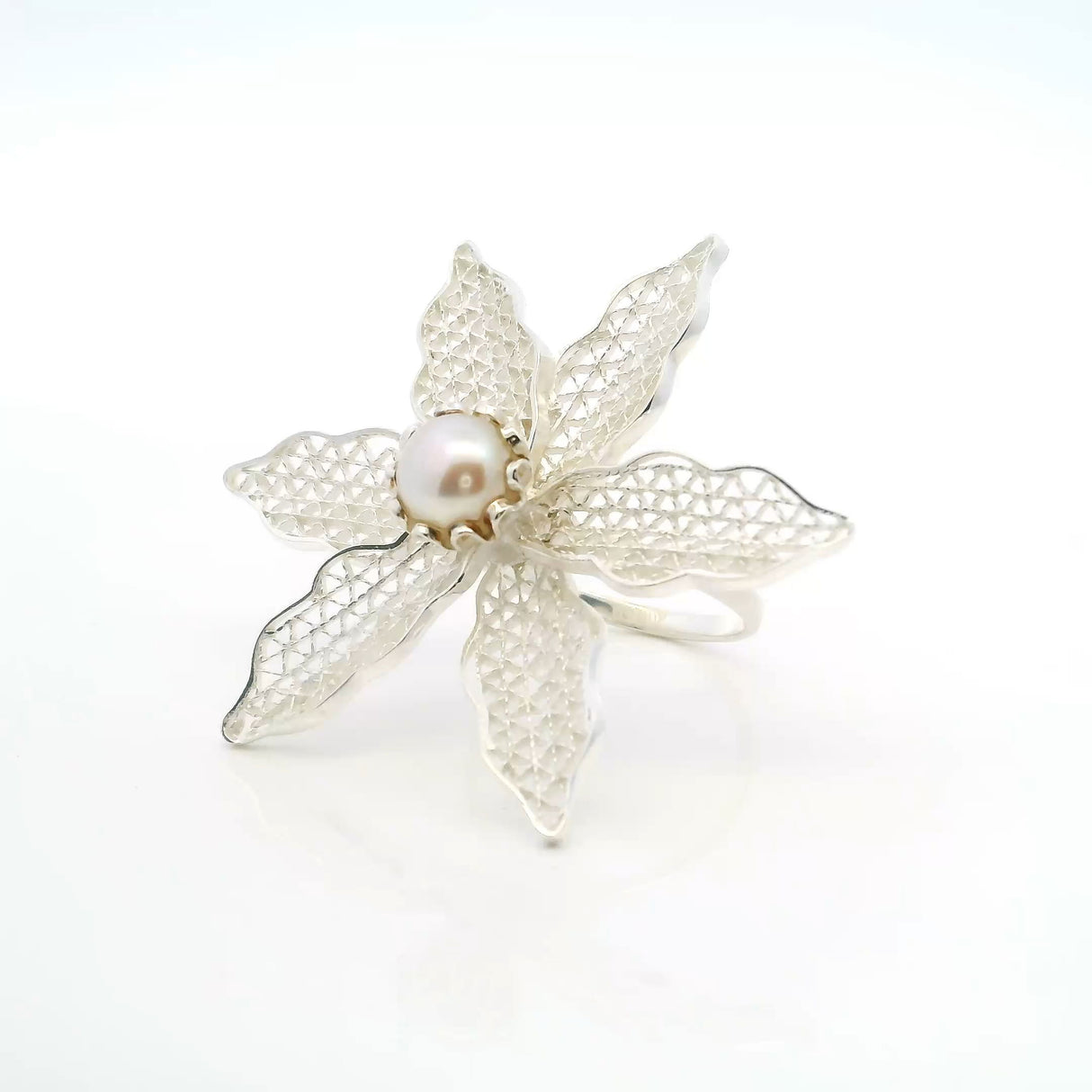 View of Freshwater Pearl Lily Ring - Pearl Center With Raised Scalloped Silver Bezel With Dainty Cross Hatch Silver Wire Filled Petals Sz7