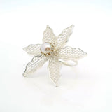 View of Freshwater Pearl Lily Ring - Pearl Center With Raised Scalloped Silver Bezel With Dainty Cross Hatch Silver Wire Filled Petals Sz7