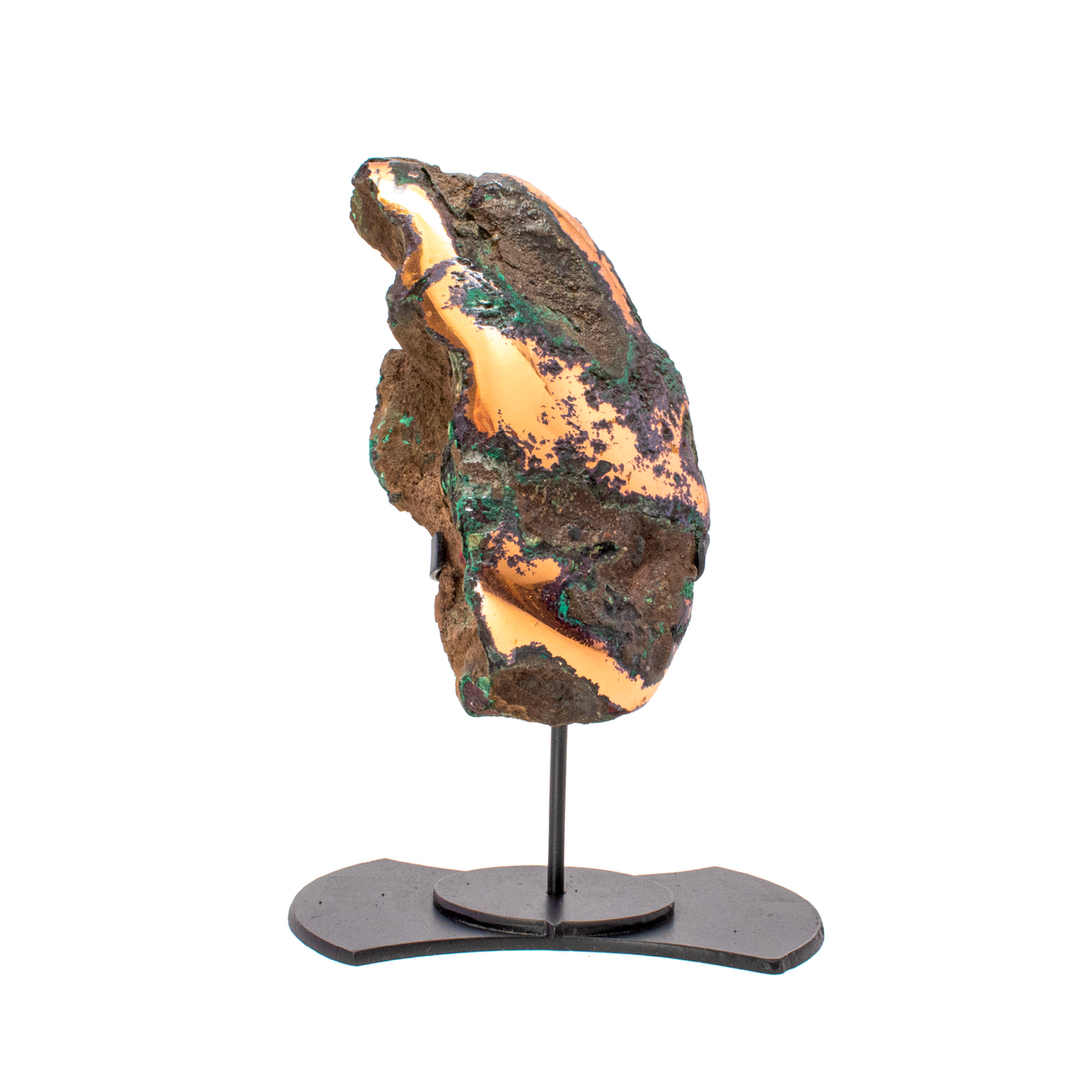 View of Michigan Copper Nugget In Custom Axe Post Stand - Unique Red Spotting
