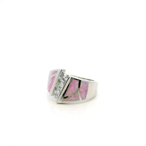 View of Pink Opal Ring - Curved Inlay Band With White Czs