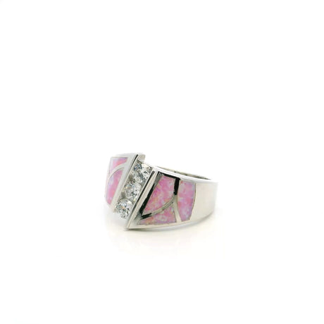 View of Pink Opal Ring - Curved Inlay Band With White Czs