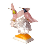 Rose Quartz Hummingbird Pair Perched on Quartz Crystal Cluster Base