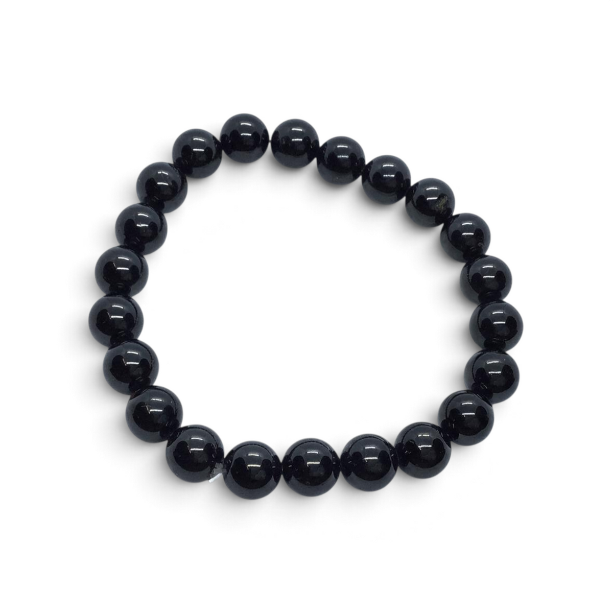 Rare Earth Gallery 8mm black tourmaline beaded bracelet with a high polish finish on a white background