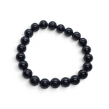 Rare Earth Gallery 8mm black tourmaline beaded bracelet with a high polish finish on a white background