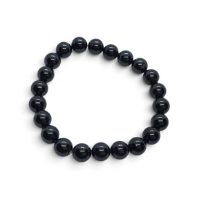 Rare Earth Gallery 8mm black tourmaline beaded bracelet with a high polish finish on a white background