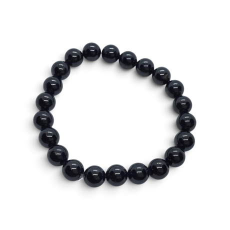 Rare Earth Gallery 8mm black tourmaline beaded bracelet with a high polish finish on a white background