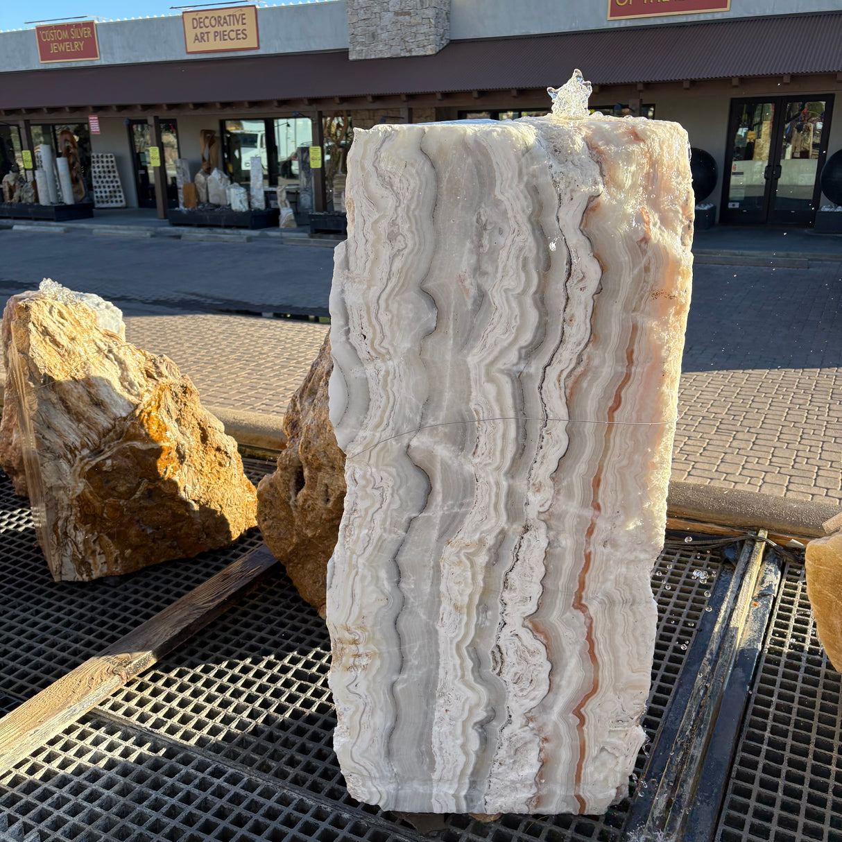 Yellow Zebra Onyx Fountain - Tapered Block with 3 Cuts & Pin