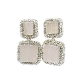 Selenite Dangle Earrings - 2 Squares Surrounded by Rows of Silver Swarovski Crystals in 925 Sterling Silver
