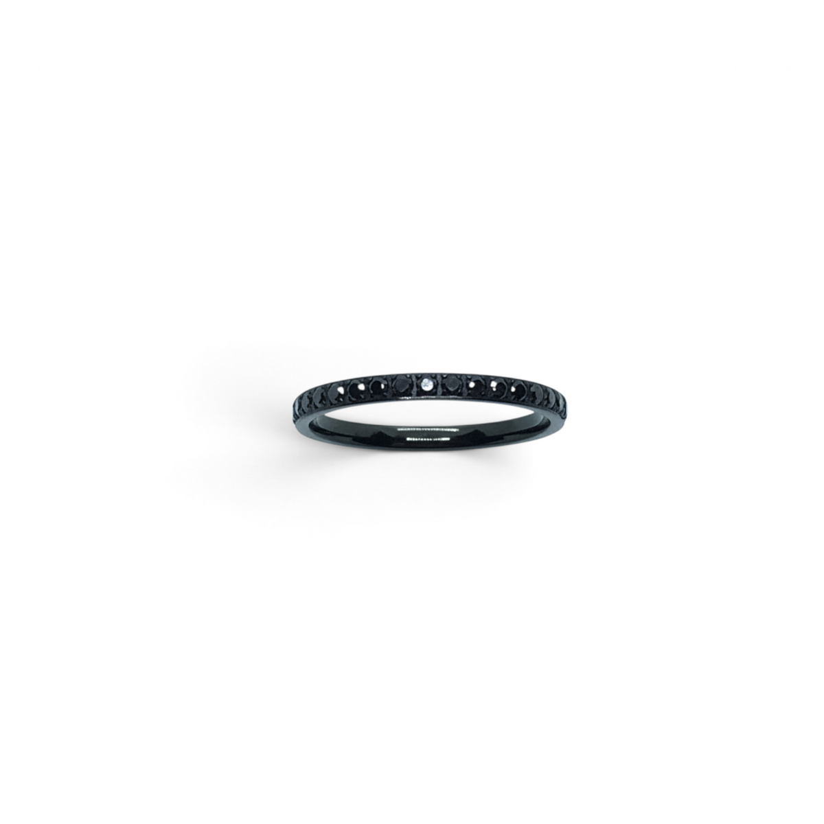 Rare Earth Gallery 2mm titanium ring with black IP plating and a row of sparkling white cubic zirconia stones.