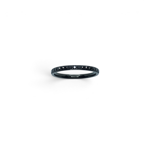 Rare Earth Gallery 2mm titanium ring with black IP plating and a row of sparkling white cubic zirconia stones.