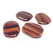 Four red tigers eye flat stones grouped on white, deep mahogany bands with glossy chatoyant sheen