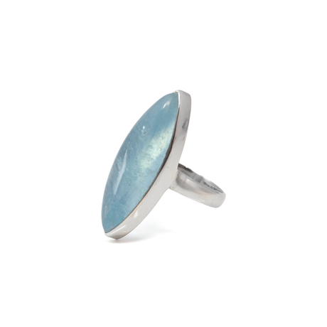 View of Aquamarine Ring - Narrow Sharp Oval Cabochon With Simple Silver Bezel & Band Sz6