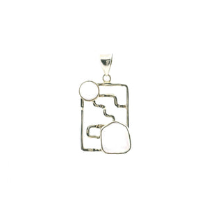 View of Freshwater Pearl Pendant - Pearl Round & Freeform Pearl Set In Silver Rectangle With Abstract Silver Line Work