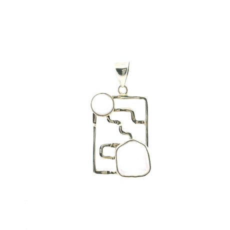 View of Freshwater Pearl Pendant - Pearl Round & Freeform Pearl Set In Silver Rectangle With Abstract Silver Line Work