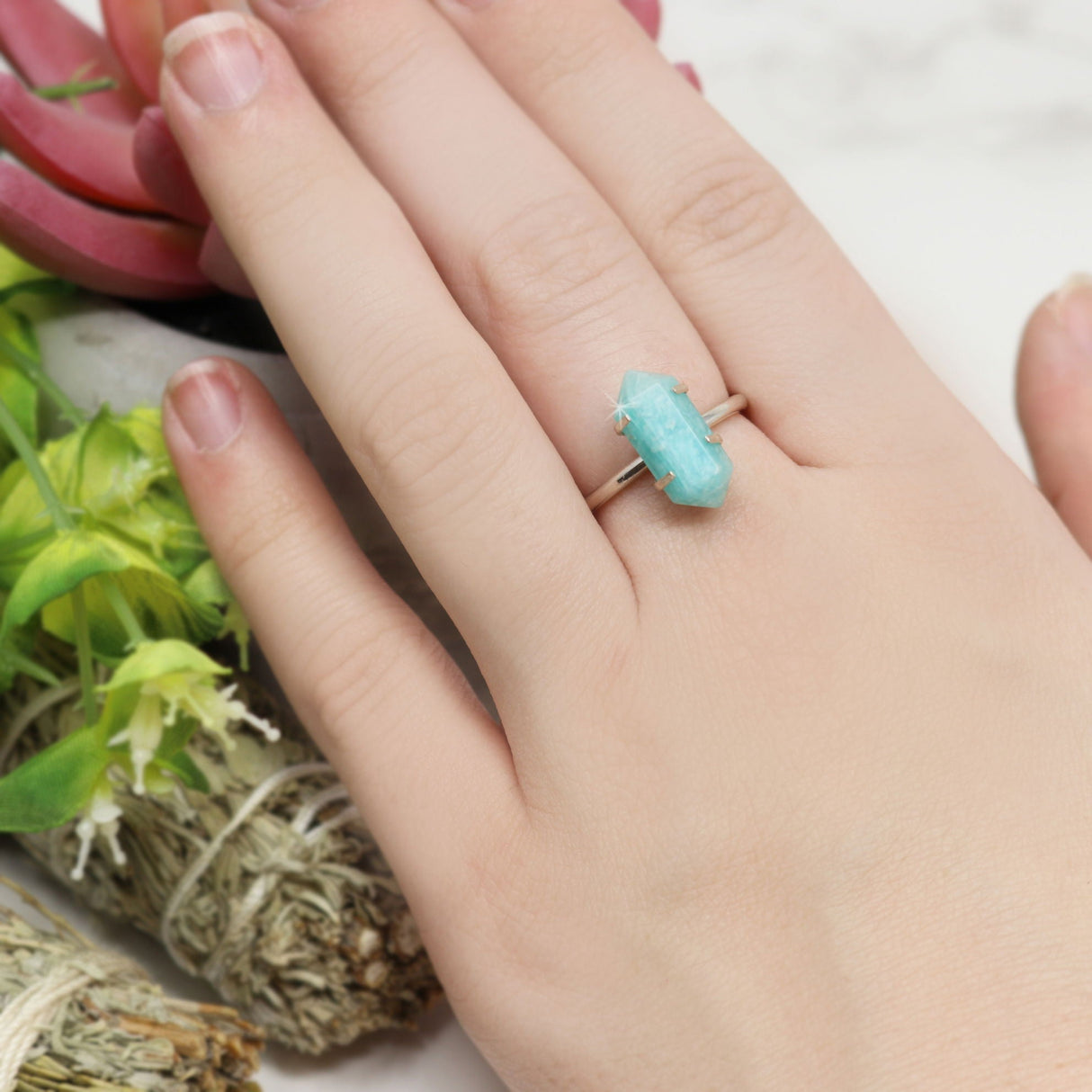 Amazonite Ring with Prong Set Double Terminated Point
