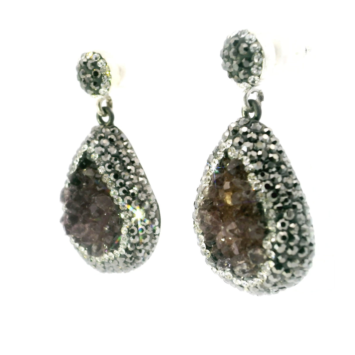 Amethyst Druze Dangle Earrings - Pear-shaped Druze with Marcasite & Silver Swarovski Crystals with 925 Sterling Silver