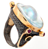 View of Mabe (Blister) Pearl Ring - With 4 Faceted Ruby Rounds & 2 Faceted Green Tourmaline Rounds Set On Oxidized Silver Hammered Band With Gold Vermeil Accents Sz8.5