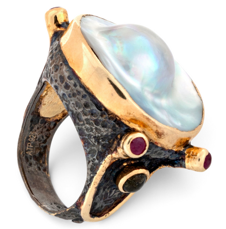 View of Mabe (Blister) Pearl Ring - With 4 Faceted Ruby Rounds & 2 Faceted Green Tourmaline Rounds Set On Oxidized Silver Hammered Band With Gold Vermeil Accents Sz8.5