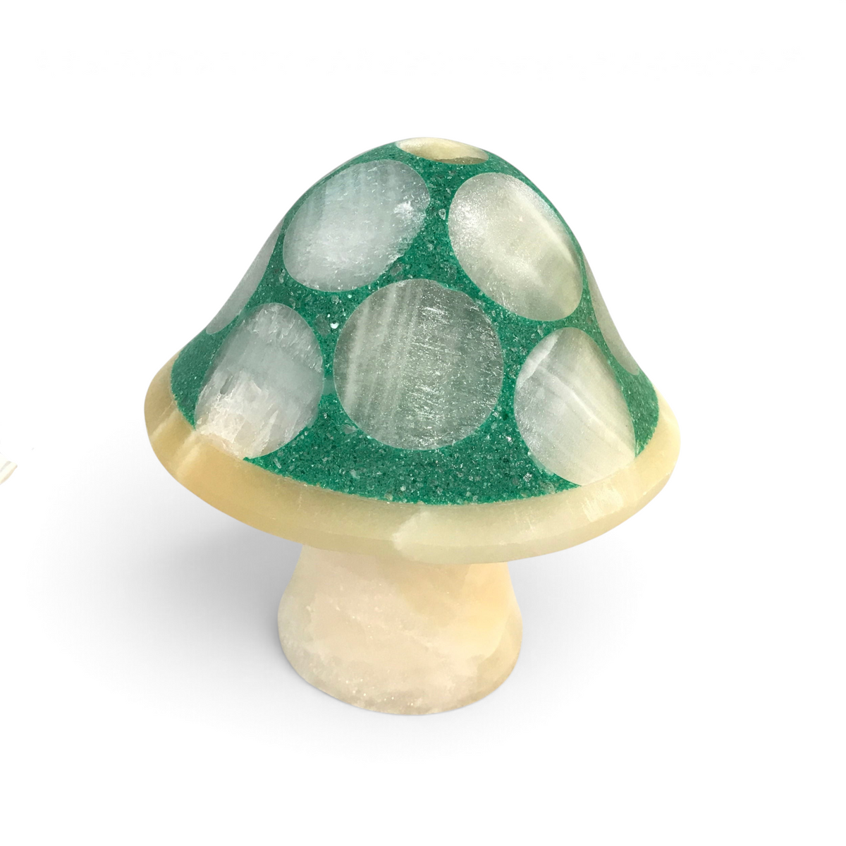 Medium green onyx mushroom lamp with pale inlaid dots on the cap and a glowing cream stone stem