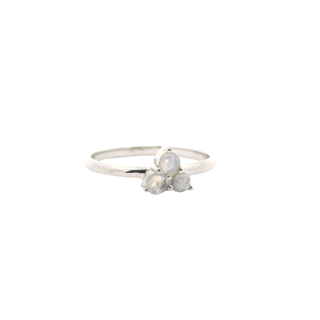 Rainbow Moonstone Ring - Triple Round Cabochons Prong Set in Simple Sterling Silver sz7