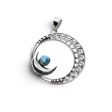Rare Earth Gallery round larimar cabochon pendant set in a 925 sterling silver moon and filigree circle frame