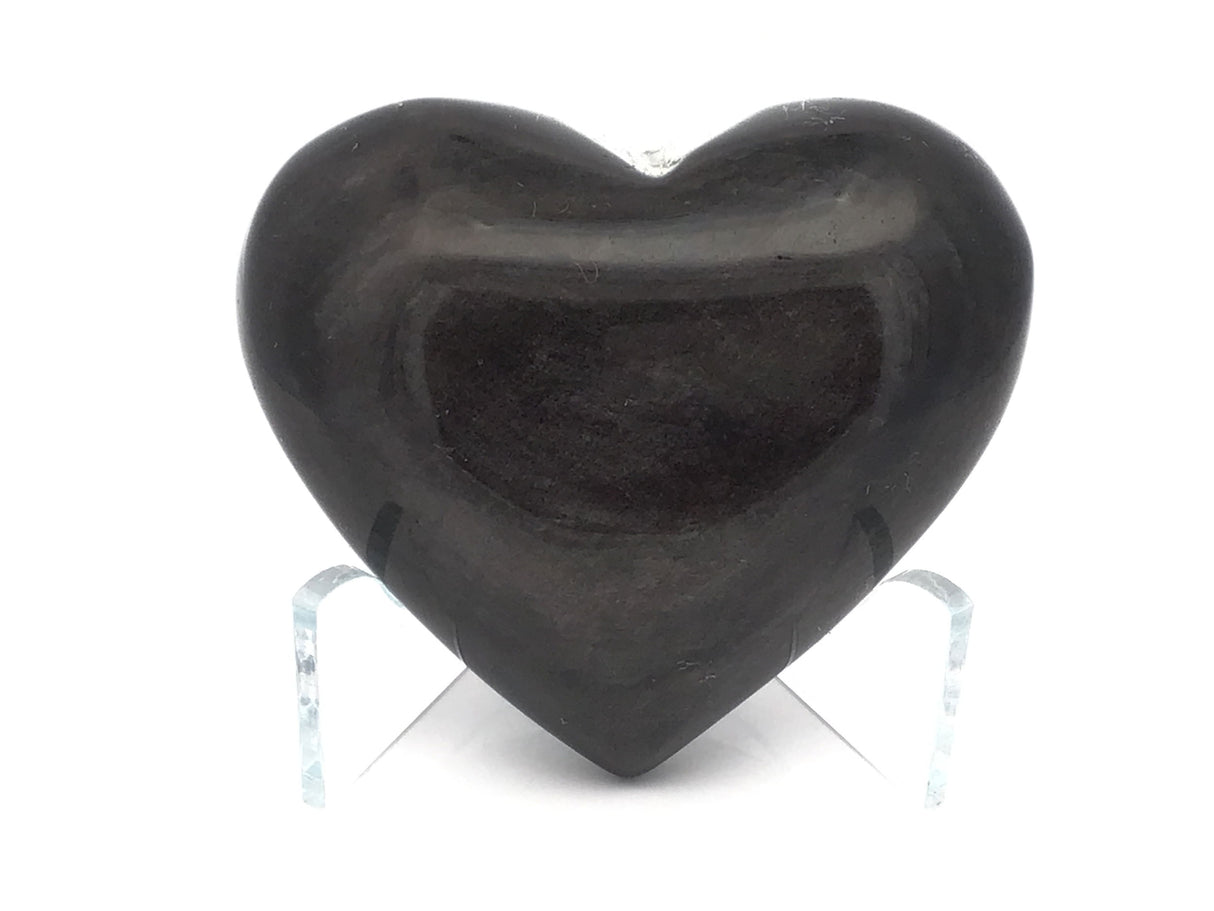 Silver Sheen Obsidian Heart on Lucite Stand