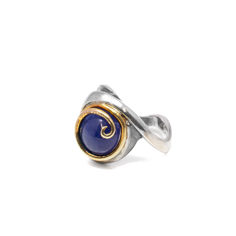View of Tanzanite Ring - Round Chatoyant Cabochon With Gold Vermeil Swirl Detailed Bezel Set On Twisted Sterling Silver Band Sz9