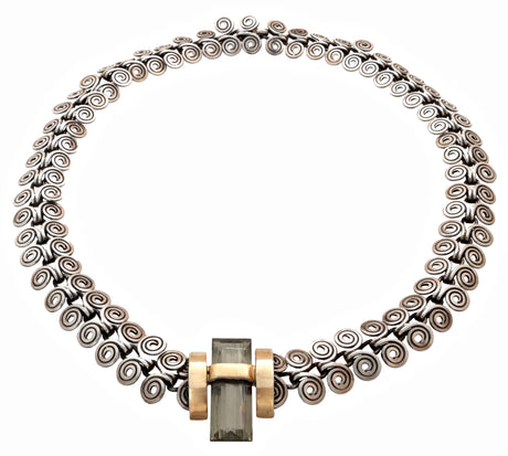 View of Faceted Zultanite Necklace - Emerald Cut Rectangle With Gold Vermeil Bezel On Sterling Silver Hittite Swirl Chain