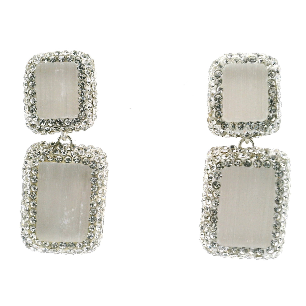 Selenite Dangle Earrings - 2 Rectangles Surrounded by Rows of Silver Swarovski Crystals in 925 Sterling Silver