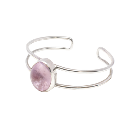 View of Kunzite Cuff - Cambered Freeform Cabochon With Simple Silver Bezel On Open Double Band
