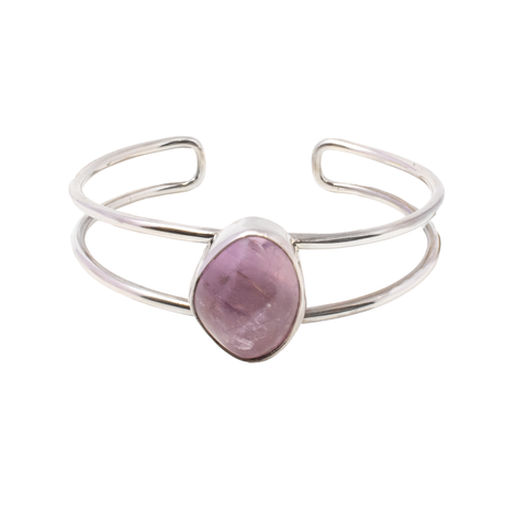View of Kunzite Cuff - Cambered Freeform Cabochon With Simple Silver Bezel On Open Double Band