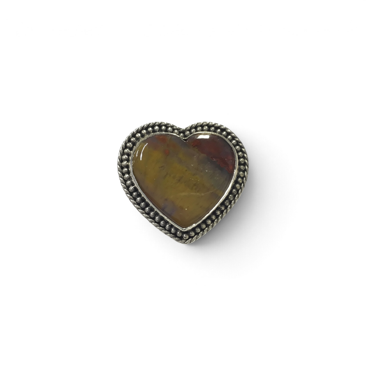 Rare Earth Gallery heart-shaped Arizona petrified wood ring with a fancy silver rope bezel and beaded accents