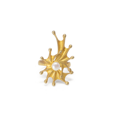 View of Freshwater Pearl Ring - Ornate Flowing Shell With Pearl Center - Matte Gold Vermeil Szadj