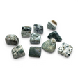 Rare Earth Gallery tumbled moss agate stones from India with green and white dendritic patterns on a white background