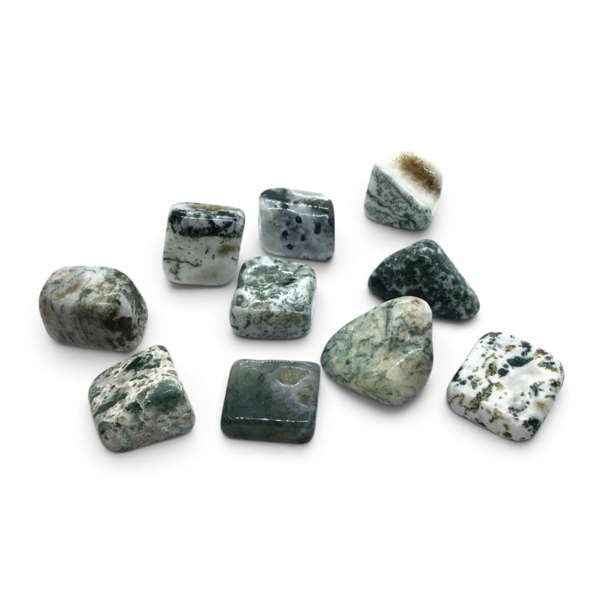 Rare Earth Gallery tumbled moss agate stones from India with green and white dendritic patterns on a white background