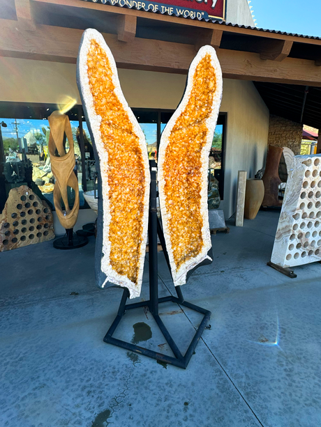 View of Citrine Geode Butterfly Pair On Fitted Hinge Stand