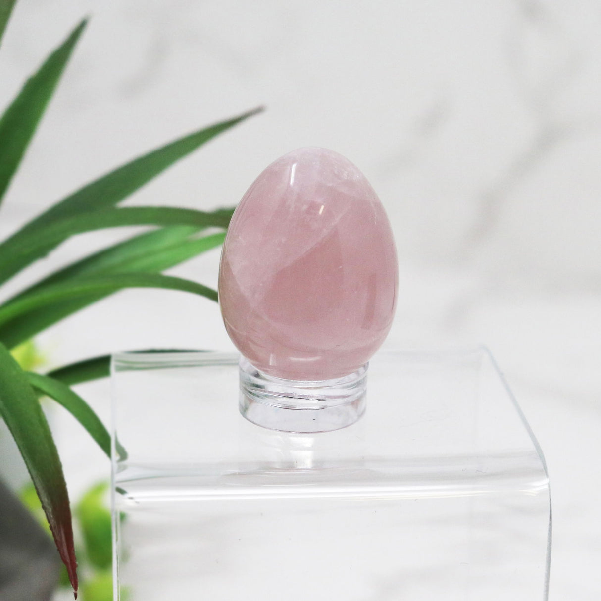 View of Rose Quartz Carved Eggs - Small with Lucite Stand