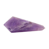 Cut and polished amethyst double-terminated Vogel point, faceted purple, side view