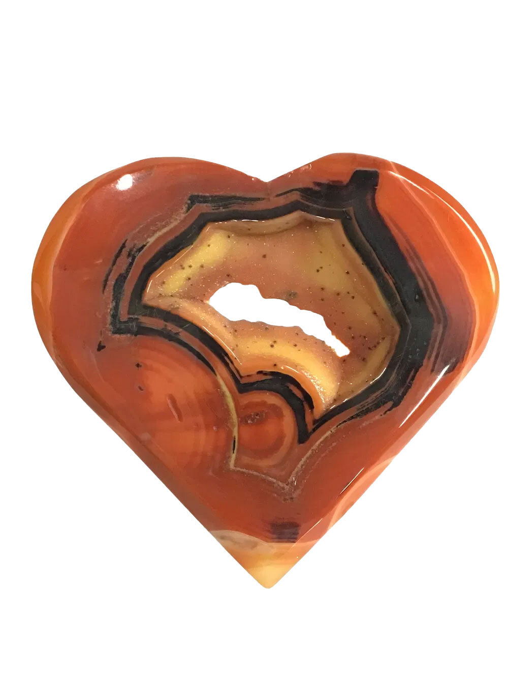 Sardonyx Carnelian Agate Heart Flat with Druze on Lucite Stand - Dark Orange & Black Banded Outer Edge with Orange & Yellow & Black-Speckled Druze Cave Open to Back