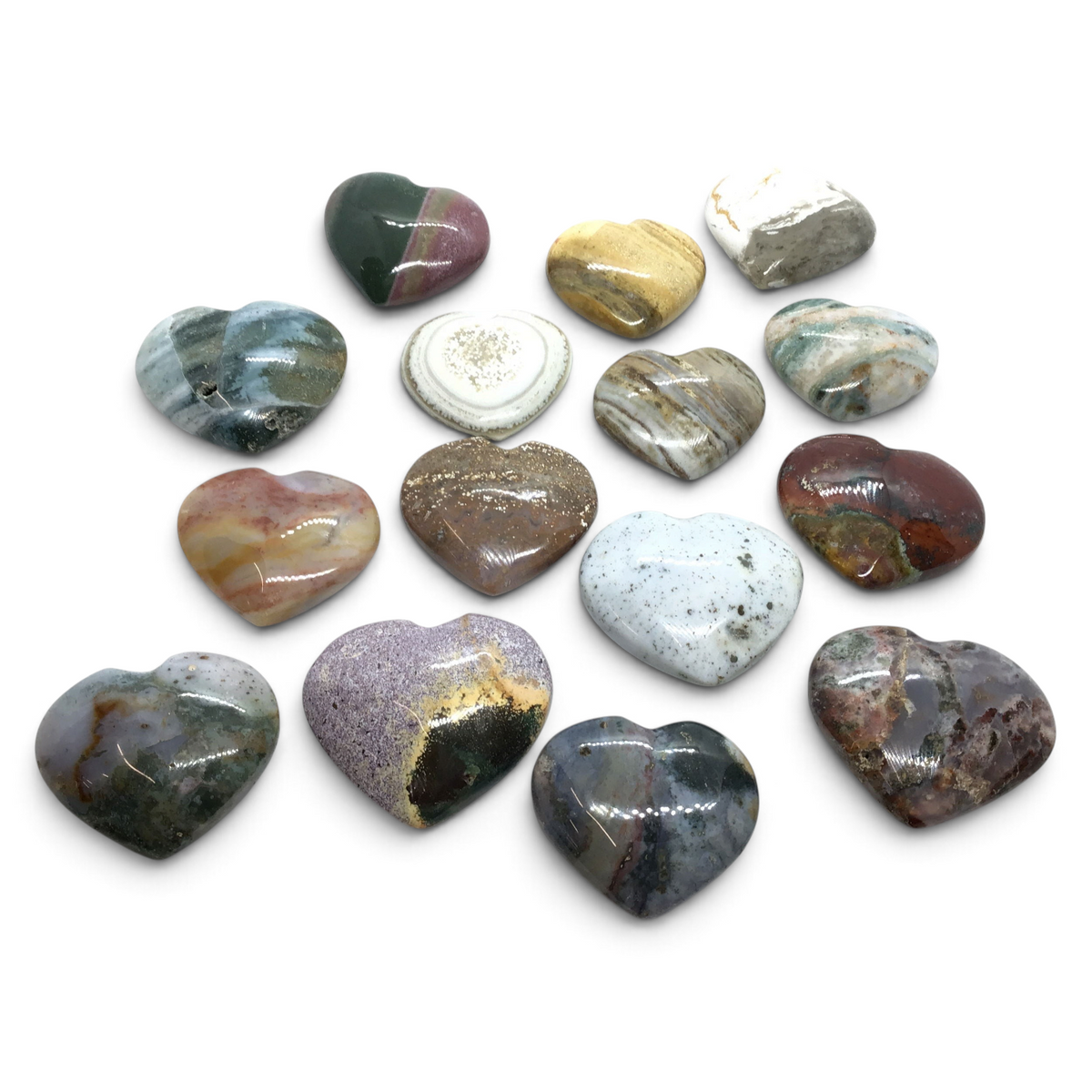 Assorted ocean jasper puff hearts in green, mauve, cream and earthy banded tones