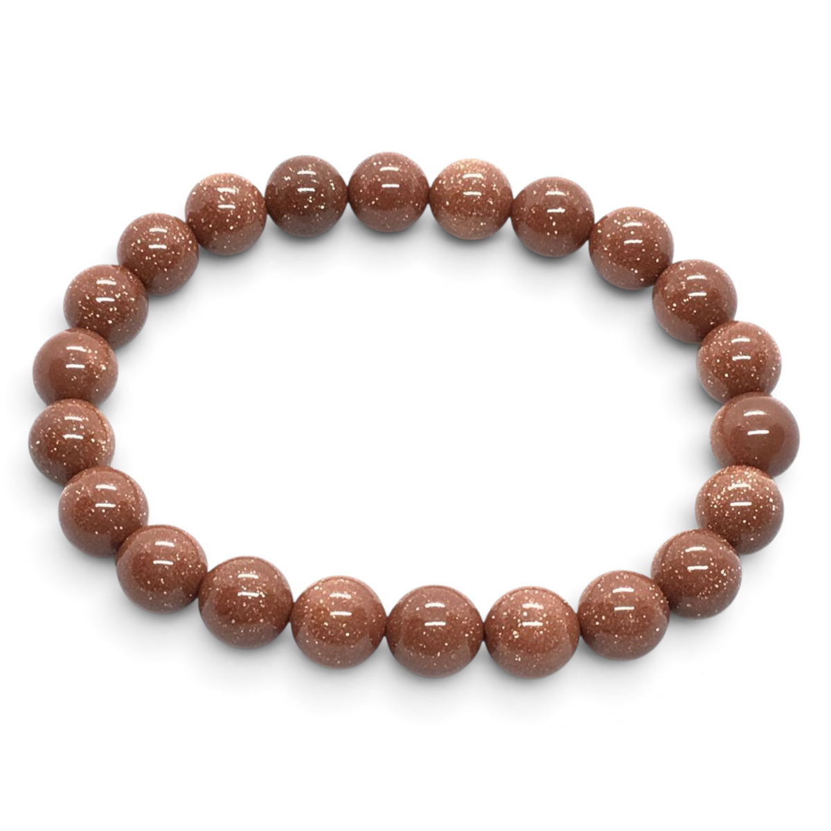 Rare Earth Gallery 8mm round red goldstone beaded bracelet with a polished, glittering finish on an elastic cord.