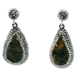 Natural Green Druze Dangle Earrings - Druze Pear with Marcasite & Silver Swarovski Crystals with 925 Sterling Silver